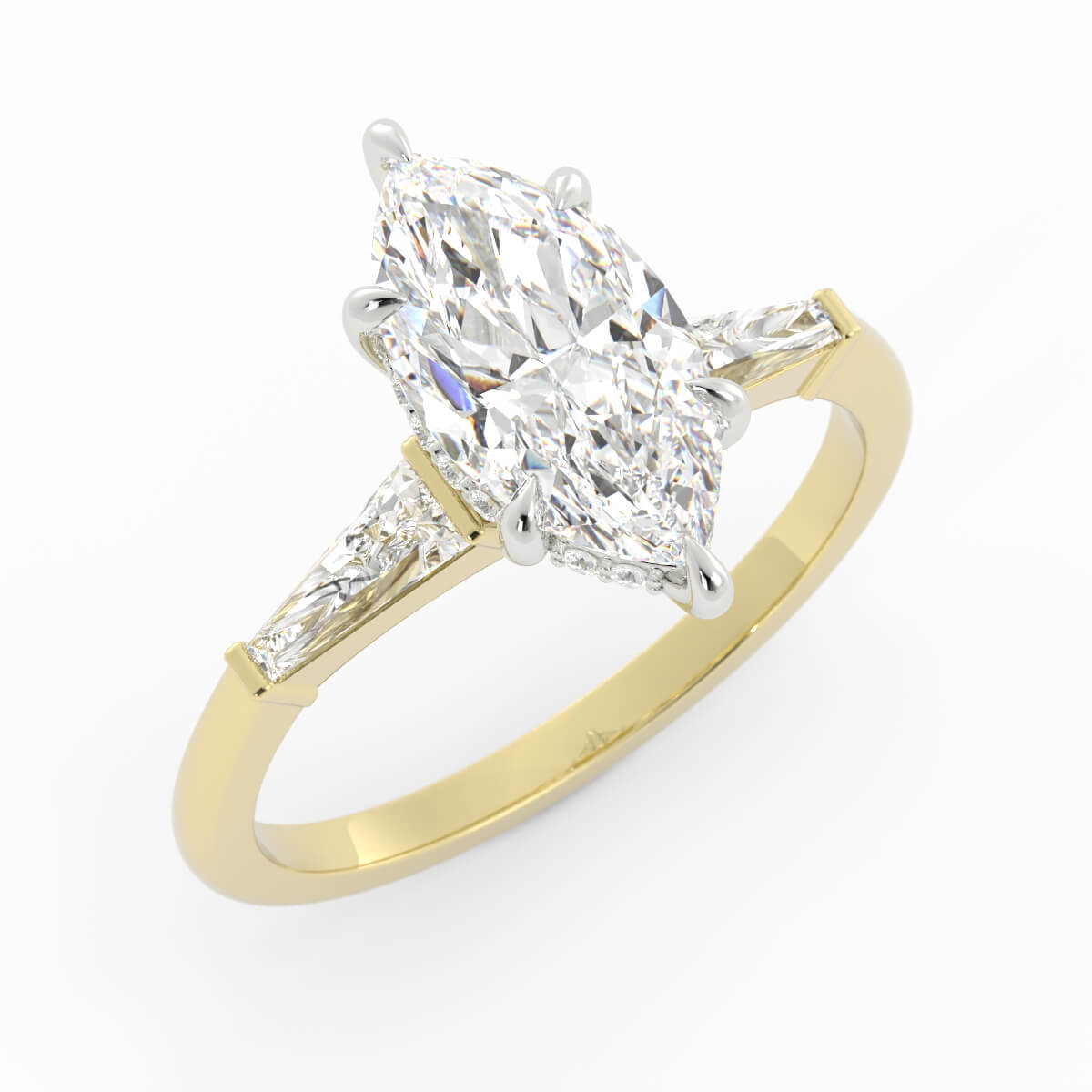 custom engagement ring with a two carat marquise diamond with custom tapered diamond baguettes and a hidden halo 