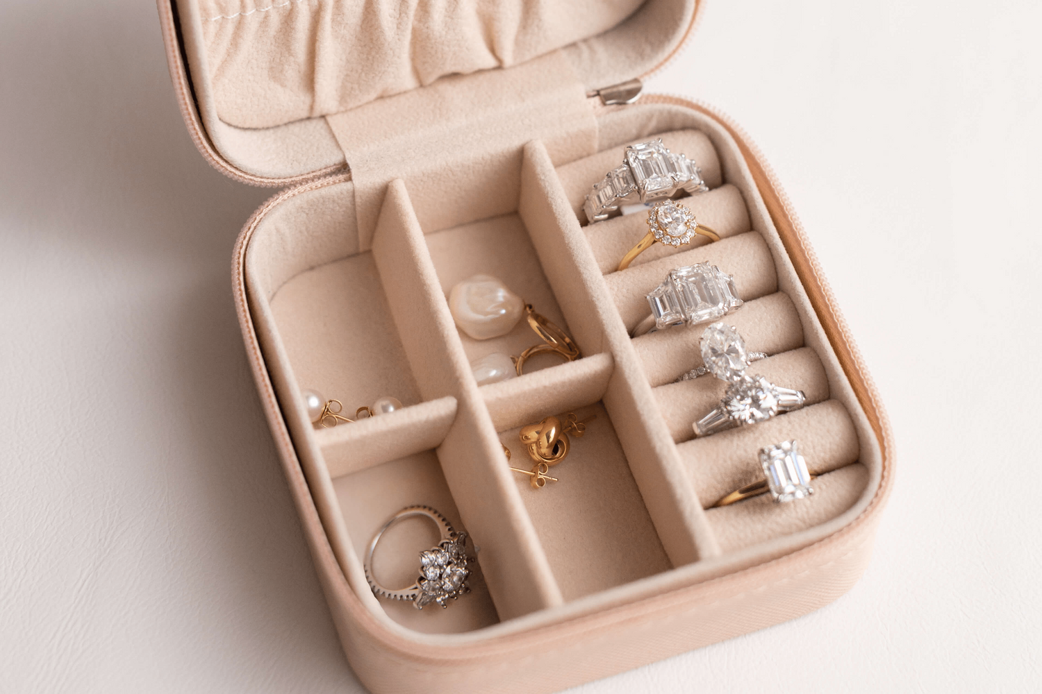 pink jewelry box with diamond and gold custom engagement rings by SHANNON