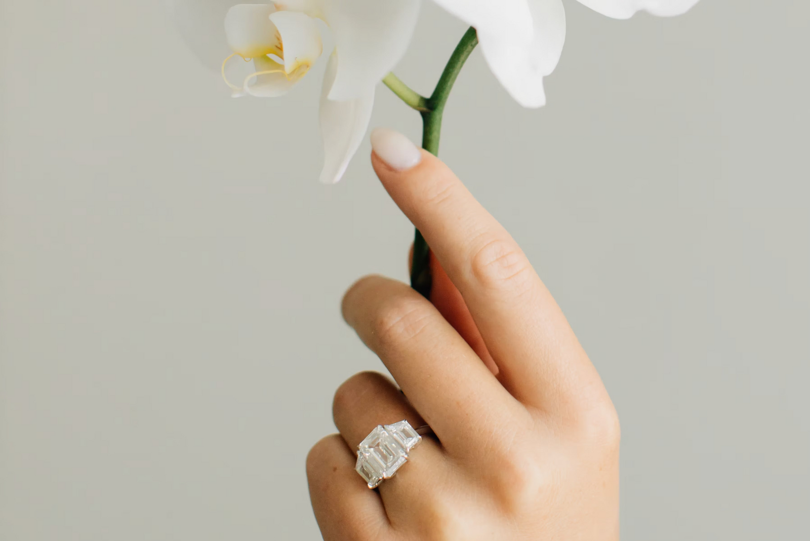 14k white gold custom three stone engagement ring on a woman's hand also holding orchid flowers